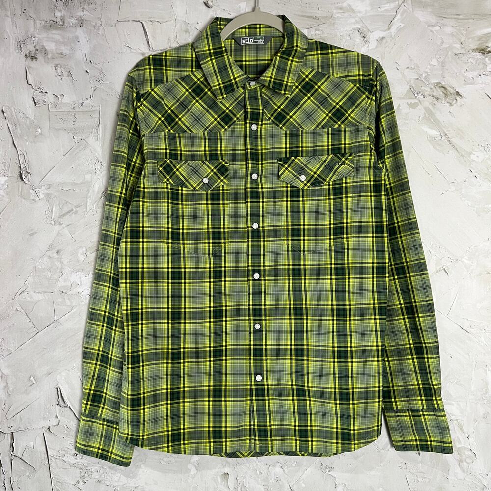 Stio Eddy Long Sleeve Shirt SIZE XS Yellow Green Plaid Pearl Snap UPF 50+ Hike